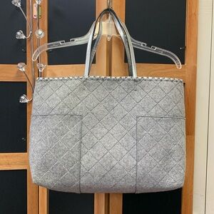 Tory Burch Women's Large Gray Silver Block T Tote Bag Metallic Felt Pouch Purse